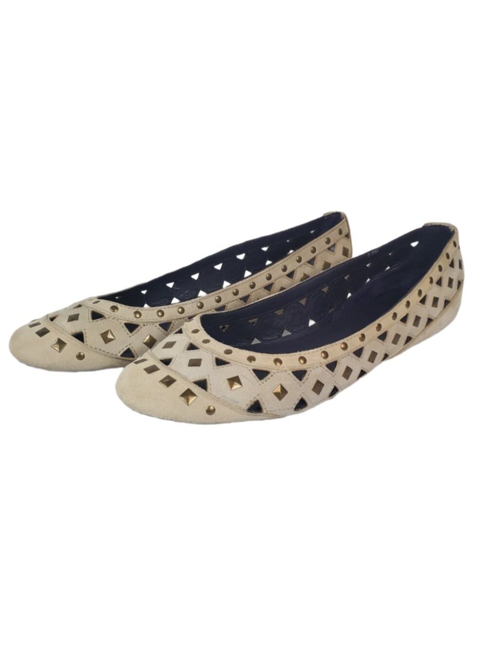VANELI Cream Suede Cutout Ballet Flats Gold Pyramid Studs Women's Size 9.5M